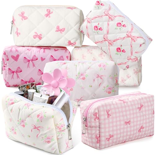 Paterr 6 Pcs Makeup Bags Bulk Quilted Cotton Cosmetic Bag Bridesmaids Gift Birthday Wedding Party Favors for Women Girls Pastel Checkered Floral Bow Travel Makeup Bag Pouch(Coquette Bow,Pink)