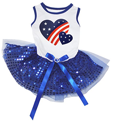 Petitebella USA Twins Heart Puppy Dog Dress (White/Blue Sequins, XX-Large)
