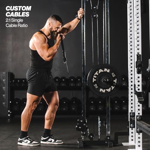 Titan Fitness 84.5" Tall Wall Mounted Pulley Tower, 350 LB Capacity Plate-Loaded Cable Machine, Adjustable Trolly Height, Standard & Olympic Plate Compatibility, Dual D-Handles Included - Thumbnail 7