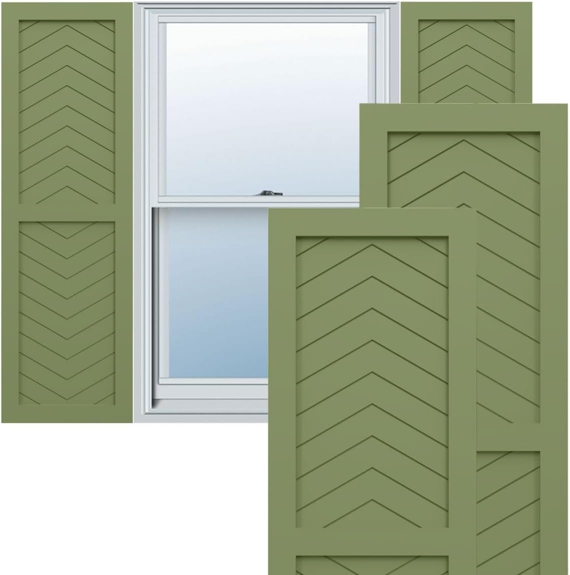 15"W x 29"H True Fit PVC Two Panel Chevron Modern Style Fixed Mount Shutters, Moss Green (Per Pair - Hardware Not Included)
