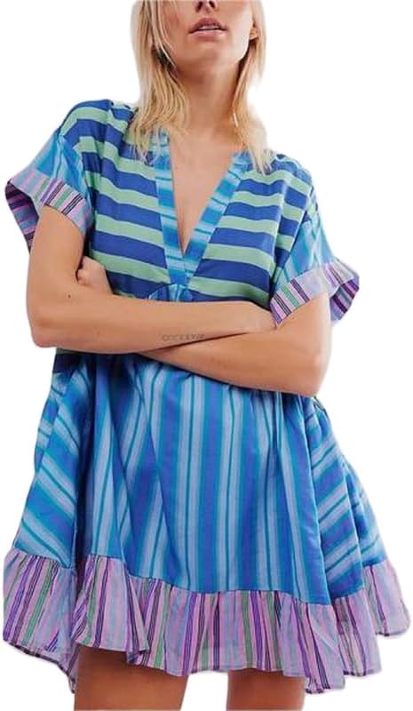 Women’s Boho Mini Dress Y2k Floral Deep V-Neck Puff Sleeve Short Dresses Summer Causal Flowy Beach Sundress