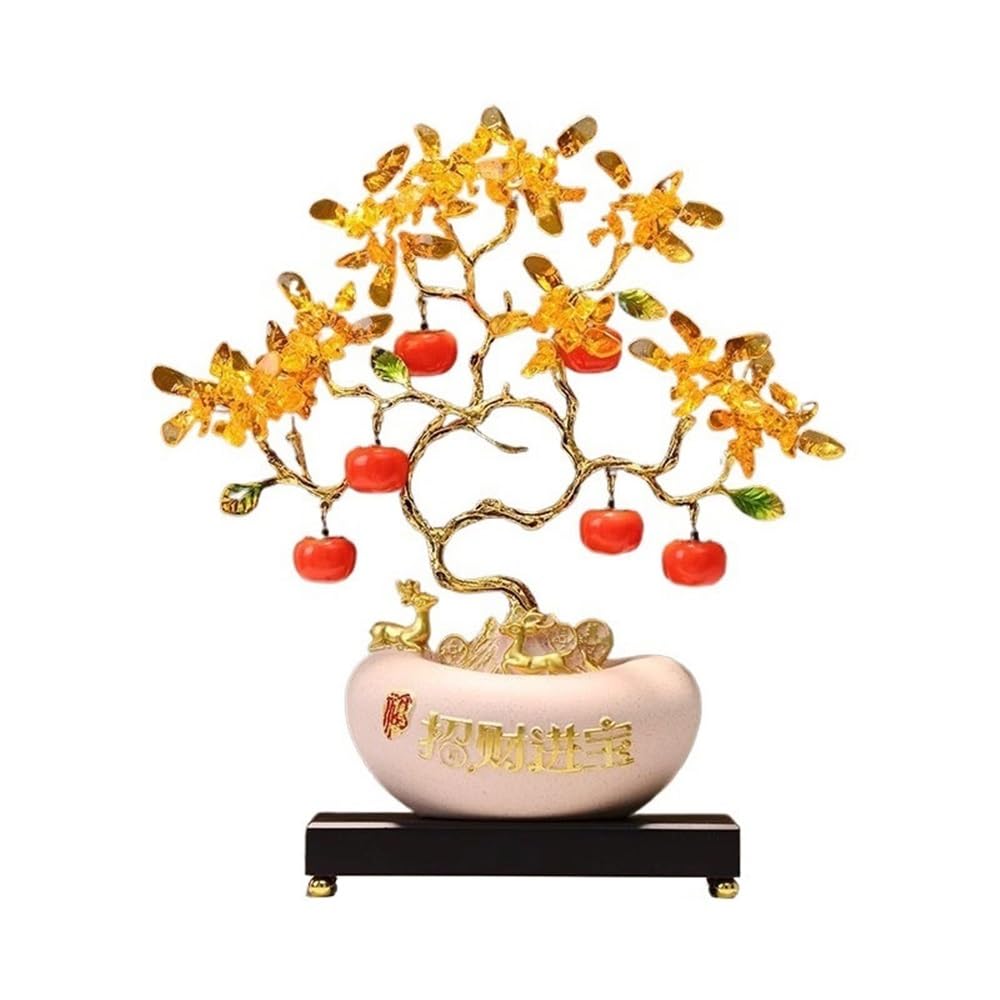 Árbol de la fortuna de piedras preciosas beige con base decorativa y lingotes