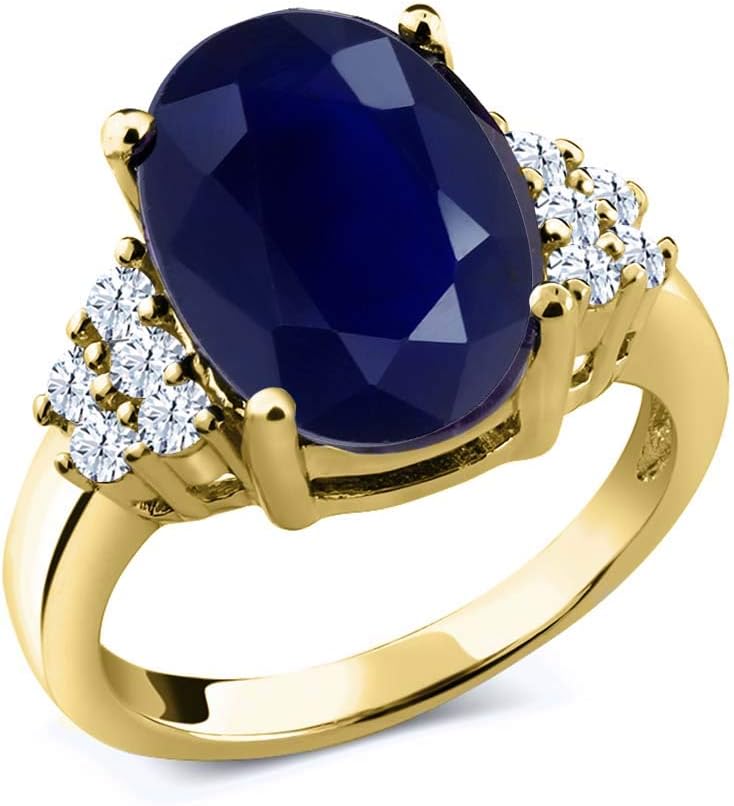 Gem Stone King 4.30 Cttw Blue Sapphire and White Created Sapphire 18K Yellow Gold Plated Silver Ring for Women | Oval 12X10MM | Gemstone Birthstone