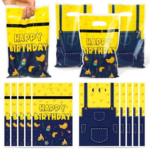 50 bolsas de regalo de fiesta de cumpleaños amarillas de dibujos animados de verano, bolsas de dulces con patrones de plátano con asas, bolsas de regalo de aperitivos de plástico para niños y niñas