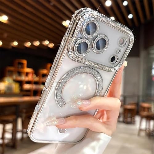 Image of DIZORO Compatible with (iPhone 17 Pro Max Case) Clear Luxury Diamond Glitter Case |Camera Lens Protector with Glitter Ring | Premium Shockproof Glossy Shiny Back Cover Case for Girls Women -Silver