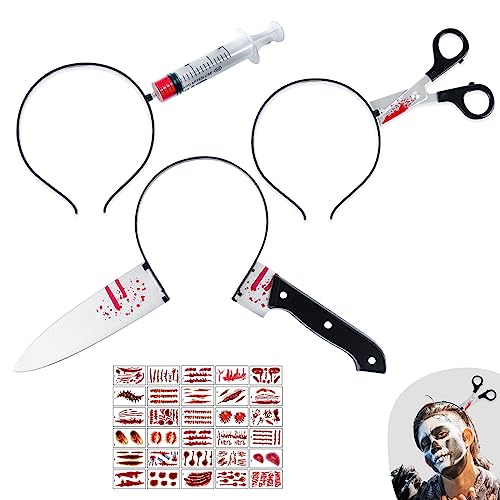 ROSAUI Halloween Kostüm Accessoire Set 3 Stück Horror Haarreif Schere Messer Syringe im Kopf 30pcs Halloween Tattoo Stirnbänder für Erwachsene mädchen herren Halloween Party