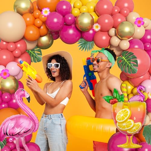 Image of Ouddy Life 178Pcs Tropical Balloons Arch Garland Kit Luau Party Decorations | Aloha Pineapple Coconut Hot Pink Aqua Blue Balloons with Palm Leaves for Hawaiian Summer Tropical Birthday Party Supplies