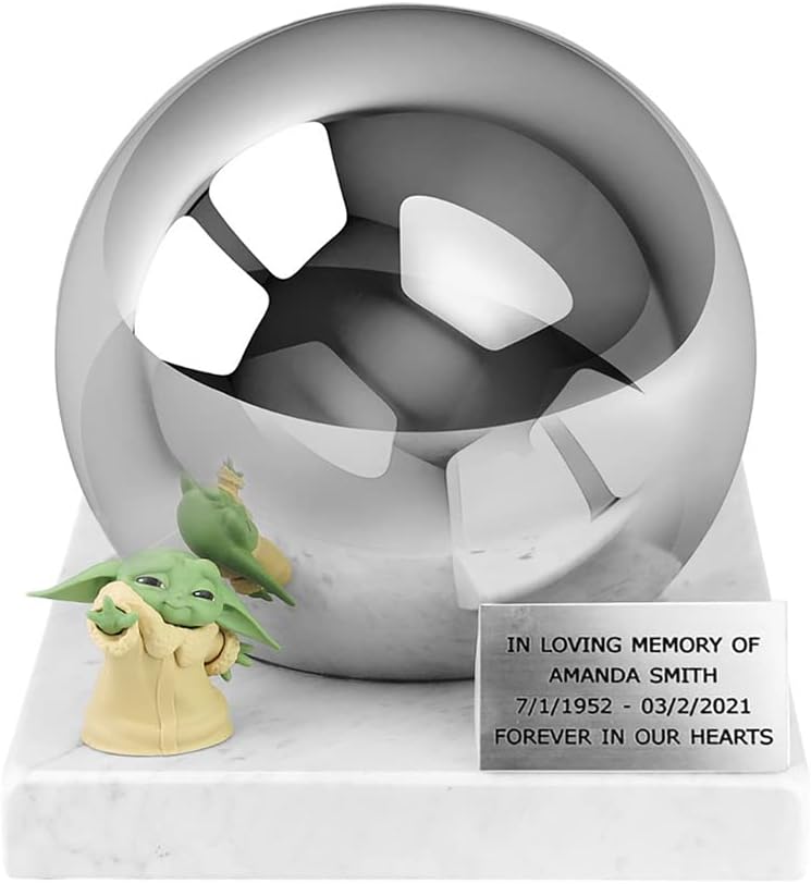 Stainless Steel Cremation Urn Witch Baby Yoda Figurine, Three Sizes: Child Urn, Adult Urn, Companion Urn, Perfect Urn for Fan (Small Urn for Child)