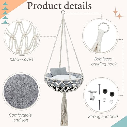 Juexica 3 peças de rede para gatos de macramê, incluindo cama de gato para pendurar boho, arranhador