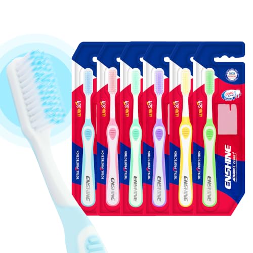 Image of Enshine Advance Clean+ Soft Toothbrush for Adults - Pack of 6 | Ultra Soft Tapered PBT Bristles | Tooth Brush Set with Non-Slip Grip | Manual Toothbrushes for Sensitive Gums & Enamel | Multi-Color