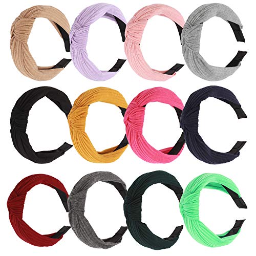 M-Aimee 12 Pieces Knotted Headbands, Turban Headbands with Cross Knot Wide Cloth Headband for Womem and Girls, 12 Colors