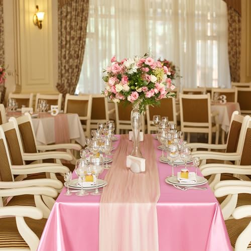 Image of TURSTIN 1 Pack Pink Satin Tablecloth 102 x 58 Inch Overlay Satin Table Cover Rectangle Bright Silk Tablecloth Smooth Fabric Table Decoration for Wedding Banquet Party Events