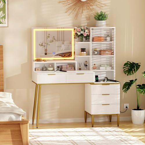 GAOMON Makeup Vanity Desk with 30" HD Lighted Mirror&Power Outlet，Modern