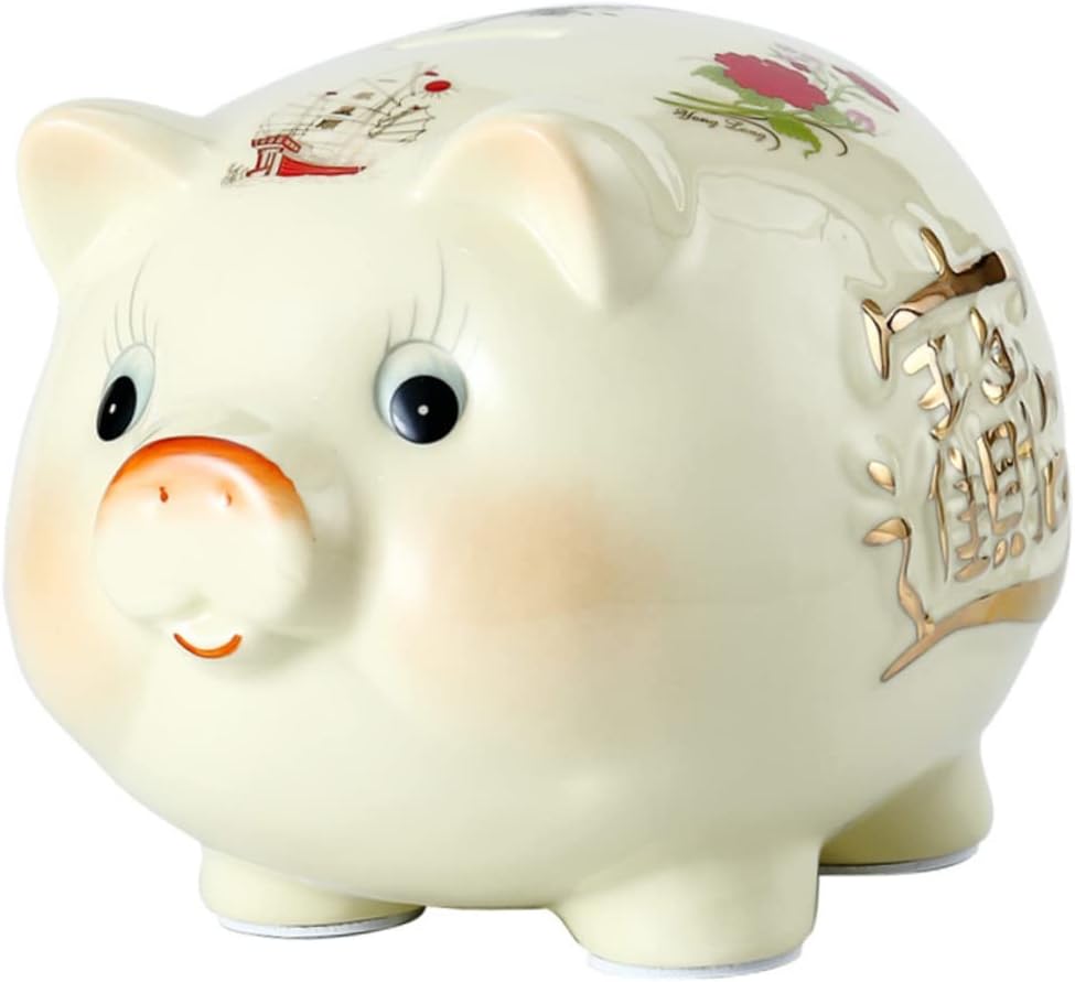 Hand-Painted Ceramic Pig Bank 8 Inch Decorative Coin Saving Pot for Boys and Girls and Adults Unique Money Box Plug for Home and Office Use