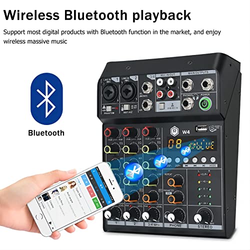 Inmix W4 4 Channel Dj Bluetooth Audio Mixer With Effects, Usb Interface, Stereo Recording, 48V Phantom Power，Sound Mixing Board For Live, Wedding, Party, Recording Broadcast #TOP3