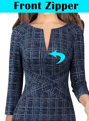 Image of VFSHOW Womens Work Business Office Zipper Up Slim Bodycon Sheath Dress | 3 /4 Sleeve, Crew Neck, Front Zipper, Crisscross Waist, Church Spring Fall Pencil Dress