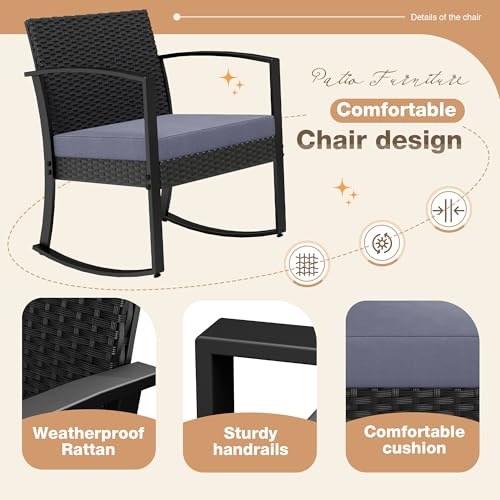 Image of Greesum 3 Pieces Outdoor Furniture Set Patio Bistro Rocking Chairs with Glass Coffee Table for Pool Beach Backyard Balcony Porch Deck Garden, Gray