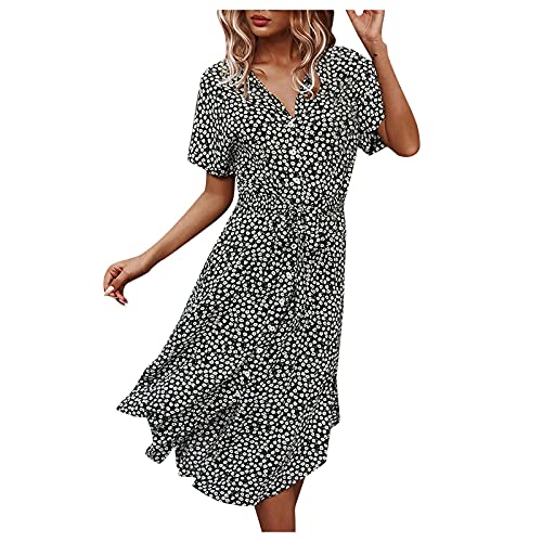 Aniywn Womne s Summer Casual Dress Stylish Floral Prnted Long Midi Dress V Neck Ruffle Short Sleeve Button Flowy Dress Black