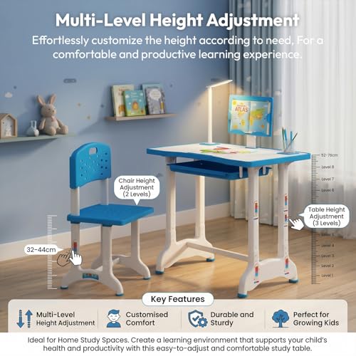 Image of StarAndDaisy Study Table for Kids 3-12years Boys Girls /Kids Study Table with Hight Adjustable Table & Chair, Book Storage, Book Holder & Cup Holder (Blue (with LED LAMP) (E60-Blue)