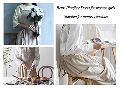 Losofar Women Girls Vintage Apron Adjustable Gardening Works Cross Back Cotton/Linen Blend Aprons Pinafore Dress With Two Pockets (Beige, One Size) #TOP4