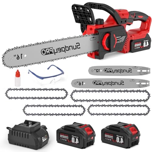 SundpeyPRO Brushless Electric Cordless Chainsaw - 12' & 16' Dual Guide Plate 21V Battery Powered Chainsaw With 2 x 4.0Ah Battery & Charger & Auto Oiler & Tool-Free Tensioner for Tree Trimming Cutting