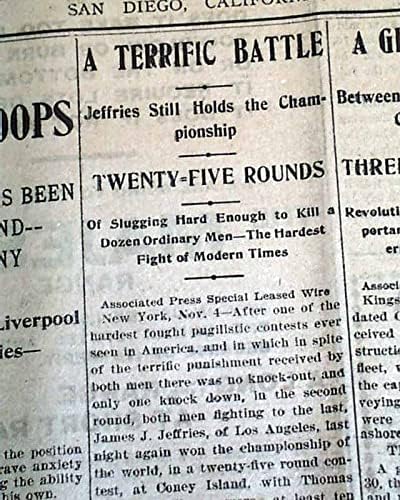 JAMES J. JEFFRIES vs. Tom Sharkey BOXING Heavyweight Championship 1899 Newspaper THE EVENING TRIBUNE, San Diego, Nov. 4, 1899