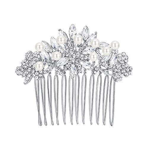 EVER FAITH Wedding Hair Accessories Austrian Crystal Cream Simulated Pearl Bridal Bride Leaf Flowers Side Comb Clear Silver-Tone