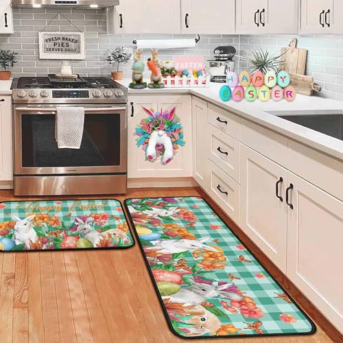 OUXIOAZ Happy Easter Flowers Eggs Bunny Rabbits Kitchen Rugs Set of 2 Spring and Summer Holiday Decorations for Home Kitchen 17x47+17x30