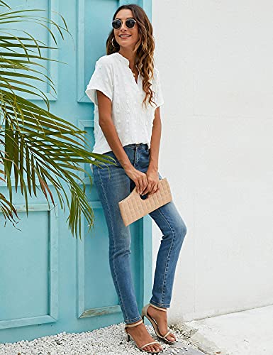 Blooming Jelly Womens White Chiffon Blouses Short Sleeve V Neck Shirts Summer Casual Polka Dot Tops3