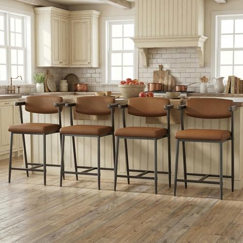 Image of GarveeHome Counter Height Bar Stools Set of 6 with Armrests, 26 inch Upholstered 6pcs Tall Bar Stools Set, Long Backrest & Extra Thick Cushion, Modern High Barstools for Kitchen Island, Pub, Coffee Brown