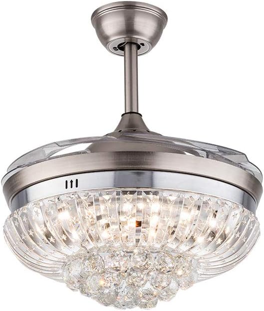Super Sale 🛒 42'' Modern Crystal Ceiling Fan Light Invisible Retractable Fan Blades Lamp Chandelier LED Silver with Remote Control 3 Speeds 3 Colors for Living Room Bedroom (Silver)
