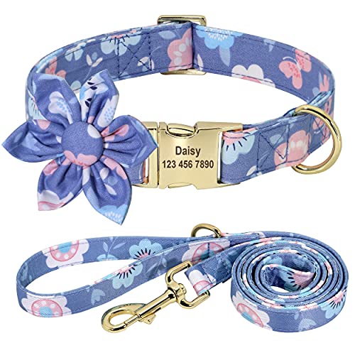 Beirui Custom Flower Girl Dog Collar and Leash Set for Female Dogs- Floral Pattern Engraved Pet Collars with Personalized Gold Buckle(Butterfly, XS)