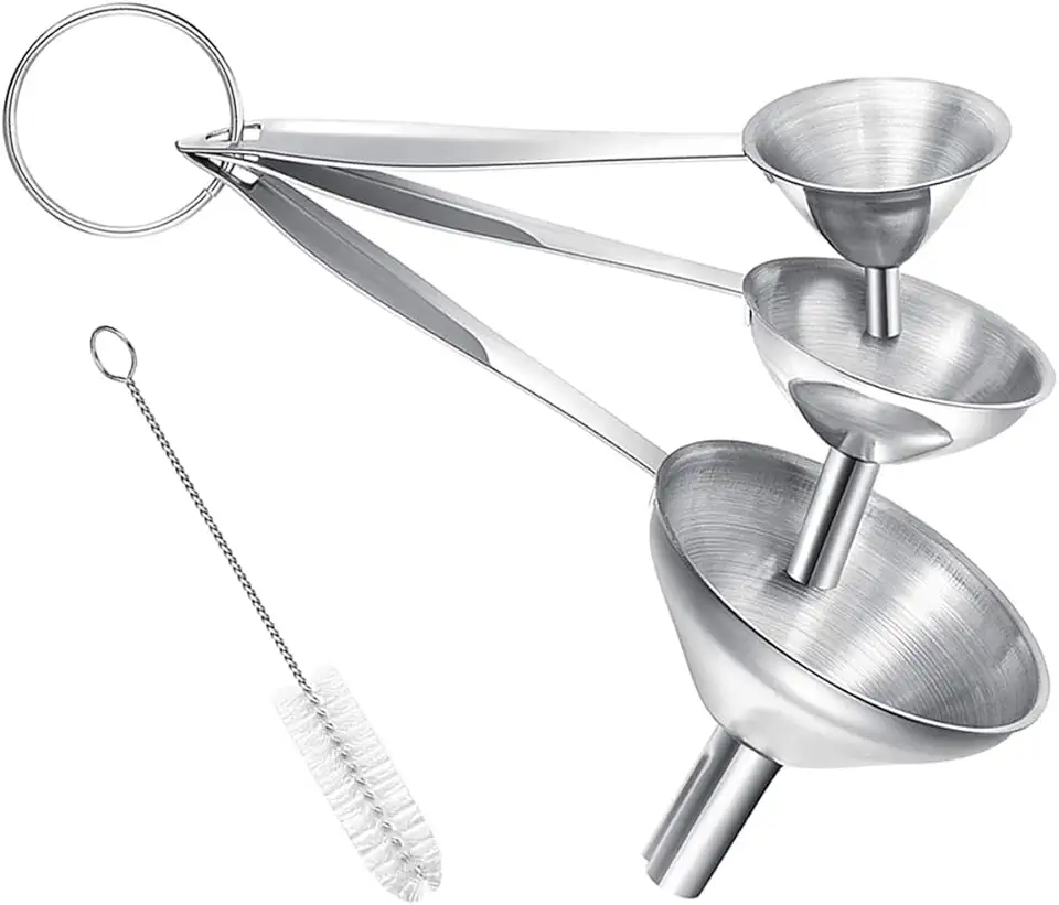 Small Funnels for Filling Bottles, 3 Pcs Stainless Steel Kitchen Funnel Set with Long Handle, Food Grade Mini Metal Funnel for Transferring Oil Liquid, Easy Cleaning with a Brush