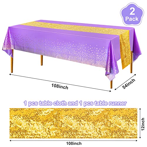 Image of Irenare 2 Pcs Purple Gold Tablecloth and Sequin Table Runner Set Polka Dots Confetti Table Cover Dining Plastic Tablecloths Glitter Decorations for Birthday Wedding Anniversary Party Supplies