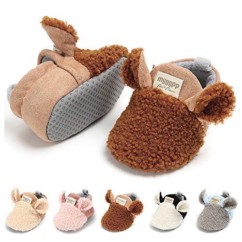 Image of Timatego Newborn Baby Boys Girls Cozy Fleece Booties with Grippers Stay On Slipper Socks Infant Toddler Crib Winter Shoes for Boys Girls, 0-6 Months Infant, 10 Brown Baby Booties