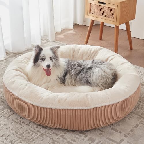 Image of 45 inches Donut Dog Bed for Extra Large Dogs,Calming Round Pet Bed with Removable & Washable Cover, Plush Faux Fur & Corduroy, Fits up to 100 lbs Pets(Brown,XL)