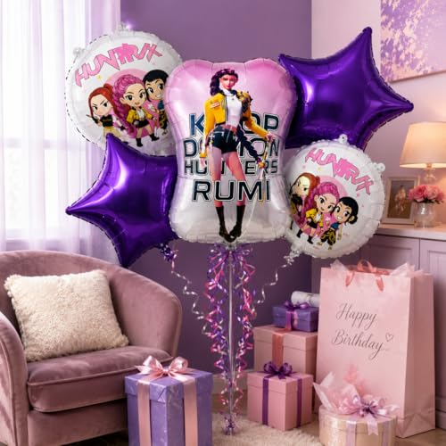 Image of Wanna Party Korean Pop Theme Rumi Print Birthday Balloon Bouquet Set - 5PC Foil Balloon Decoration, Helium Supported for Kids Birthday, Music Theme Party, Cake Table & Photo Booth Decor