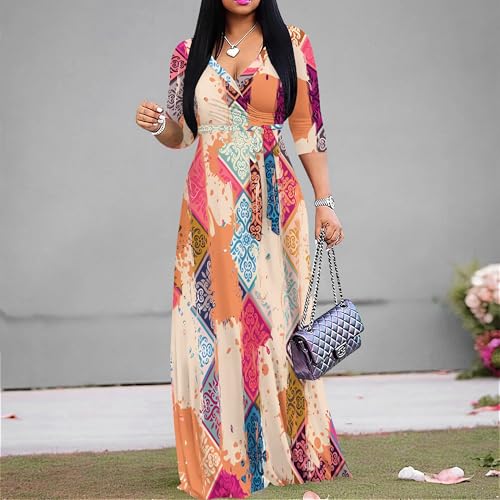 Image of PinkPatty Women's Print Maxi Dresses 3 /4 Sleeve Flowy Long Dress V Neck Wrap Tie Waist Sundress