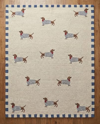 Tapete de lana hecho a mano con diseño de cachorro 5' x 8'