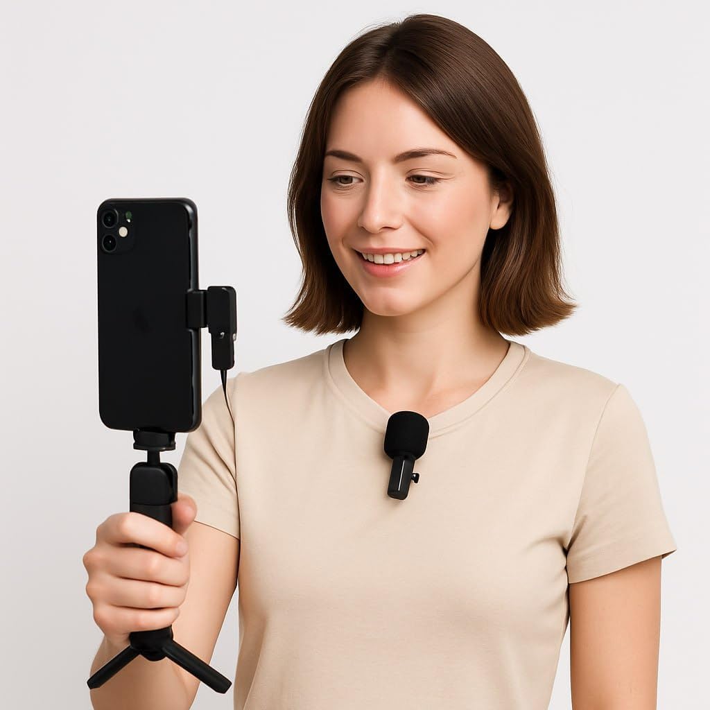 Wireless Lavalier Microphone Dual-Set, 3-in-1 Receiver (Lightning/USB-C/3.5 mm), 2 Clip-On Mics, 20 m Range, Plug-and-Play Audio for iPhone, Android, DSLR, YouTube & Zoom