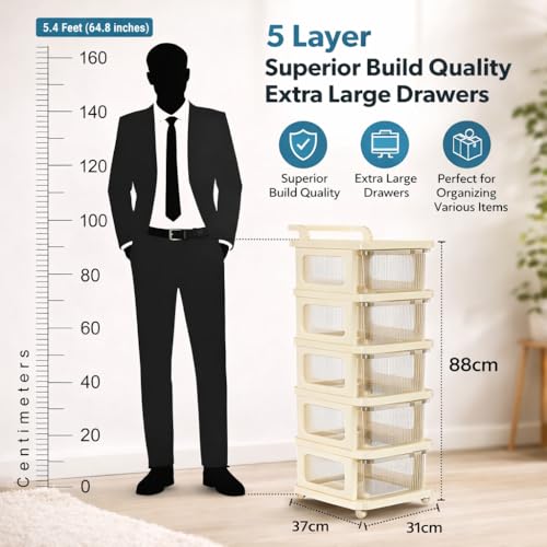 Image of KITCHIVO Heavy Duty Plastic Storage Drawer with Wheels | Modular Cabinet for Bedroom, Office, Home or Classroom| Chest of Drawers Organiser for Cosmetics, Kitchen items, Toys (White, 5)