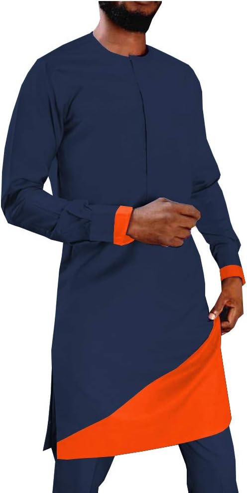 Mens 2 Piece African Dashiki Print Long Shirt+Ankara Pants Set Tribal Outfits Blouse Pockets