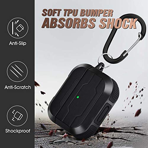 Airpods Pro Case Cover, Shock-Resistant Military Protective Men Airpod Pro Cases Accessories With Metal Carabiner Keychain, Designed For Apple Airpods Pro Wireless Charging Case (Black) #TOP1