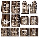 12 Pcs Farmhouse Kitchen Decoration Sets 8 Wood Kitchen Dish Towels Brown 2 Pot Holders 2 Oven Mitts Glove, Rustic Hand Towels and Dishcloths Sets for Home Decorations Accessories Christmas Mom Gift