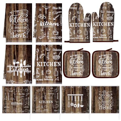 12 Pcs Farmhouse Kitchen Oven Mitts and Pot Holders Decor Sets 4 Wood Kitchen Hand Towels 4 Absorbent Dishcloths 2 Pot Holders 2 Oven Mitts Glove for Home Decorations Mom Baking Cooking Grilling Gift