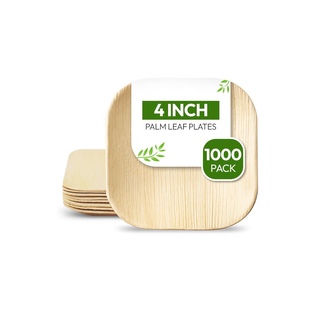 FOOGO Green 1000pcs Disposable Mini Palm Leaf Plates, XSmall 4"(10cm) Square, for Sauces and Ketchup Pots, Eco Friendly, Bio Compostable, Like Dip Bowls Wooden Plates, Party Wedding โ image 1