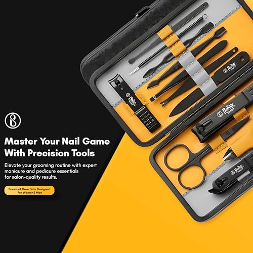 Beauté Secrets Essentials Manicure Set Nail Clippers, Stainless Steel Nail Scissors Grooming Kit, Acne needle, Blackhead Tool Leather Travel Case (Grey Yellow) - Image 4