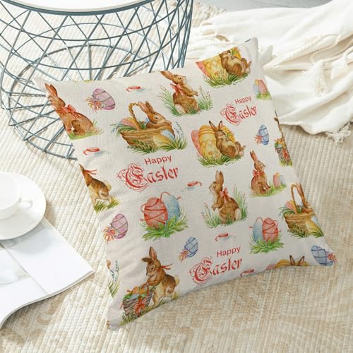 Sorktse Easter Pillow Covers 18x18 Inch Happy Easter Eggs Bunny Throw Pillow Covers Set of 2 Farmhouse Spring Rabbit Pillowcases Outdoor Decor for Living Room Bedroom Linen Cushion — view 5