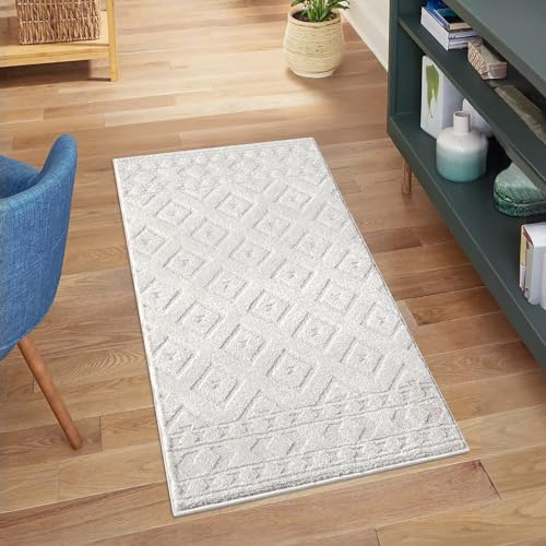 carpet city Kurzflor Teppich Creme - 80x150 cm - Wohnzimmer-Teppiche Hochtief-Muster, 3D-Effekt - Raute-Muster - Flachflor Bodenbelag, Deko Schlafzimmer