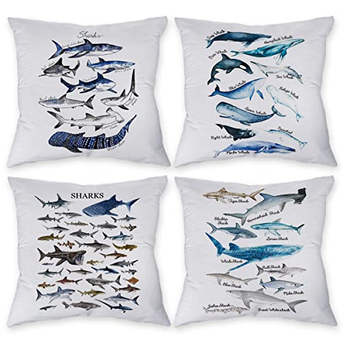 Znzd Watercolor Sharks And Whales Rustic Marine Life Pillow Case,Decorate Coastal Beach House Home Kids Room Nursery,Shark Whale Lovers Kids Teens Adults Gifts,18X18 Inch Throw Pillow Covers Set Of 4 #TOP15